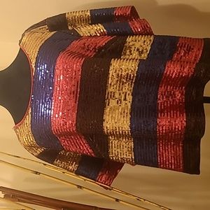 TRACY ELLIS ROSS Sequin Top, 2x, Gold, pink, blue, and black, short sleeve